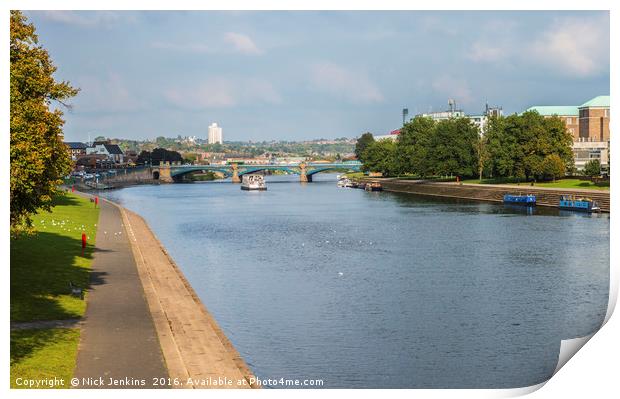 The River Trent at Nottingham showing boat and bri Print by Nick Jenkins