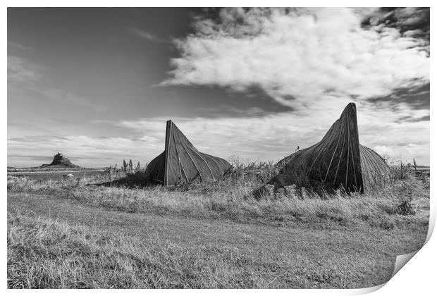 Fishermen's huts in monochrome. Print by Mark Godden