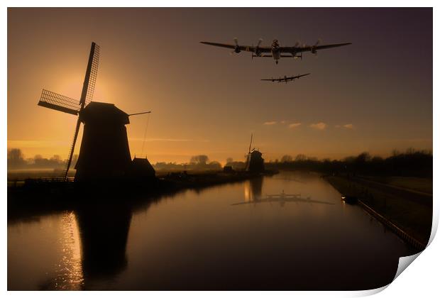 Lancaster bombers and Dutch windmills Print by Oxon Images