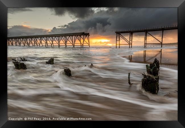 Sunrise at Steetley pier Framed Print by Phil Reay