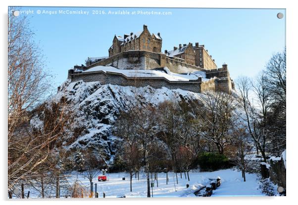 Edinburgh Castle in snow from Princes Street Acrylic by Angus McComiskey