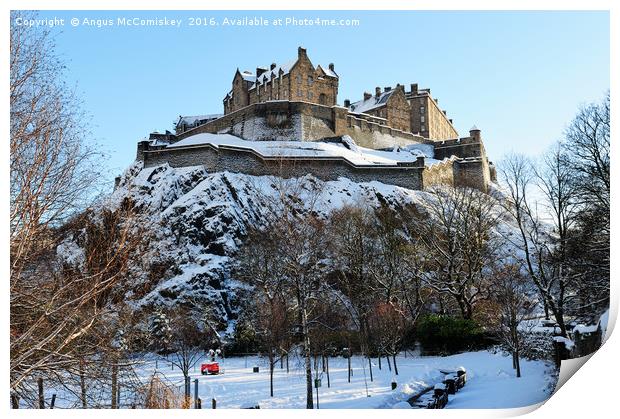 Edinburgh Castle in snow from Princes Street Print by Angus McComiskey