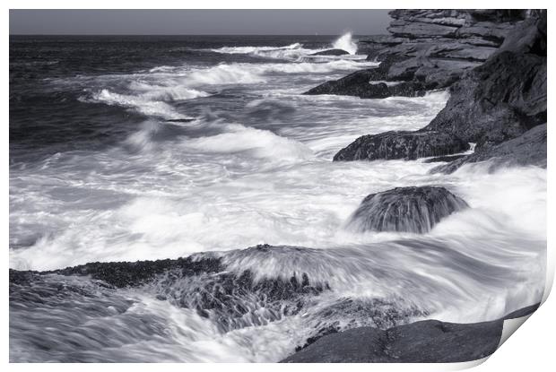 Breaking waves on rocks Print by David Bigwood