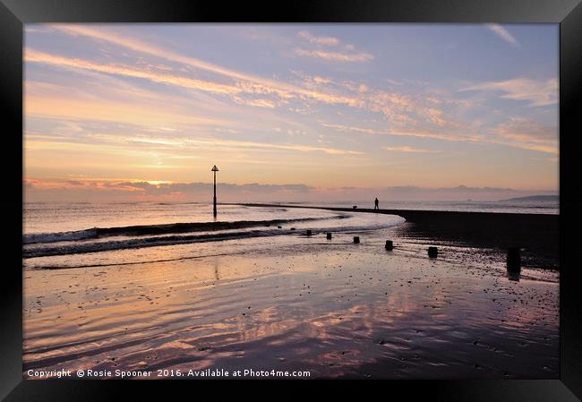 Lone figure at sunrise on Teignmouth Beach Framed Print by Rosie Spooner