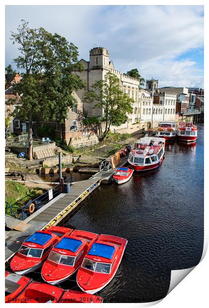 York City Guildhall and red boats Print by Robert Gipson