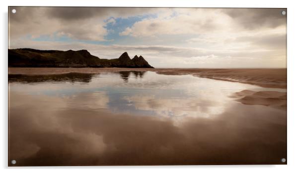 Reflections of Three Cliffs Bay Acrylic by Leighton Collins