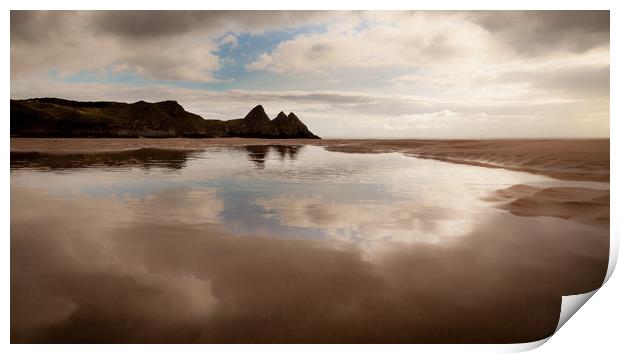 Reflections of Three Cliffs Bay Print by Leighton Collins