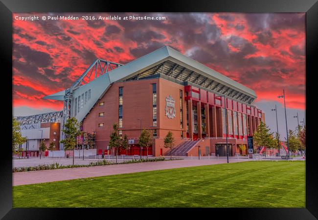 Red Sky Over Anfield Framed Print by Paul Madden