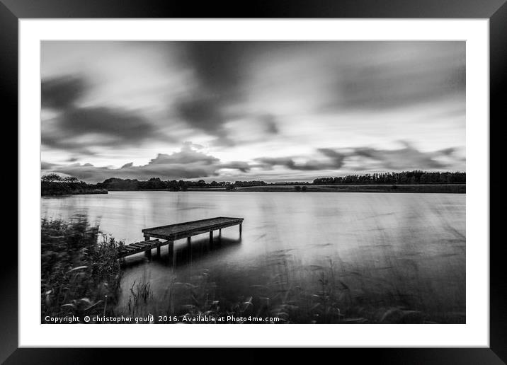 Black and white jetty at lake Framed Mounted Print by christopher gould