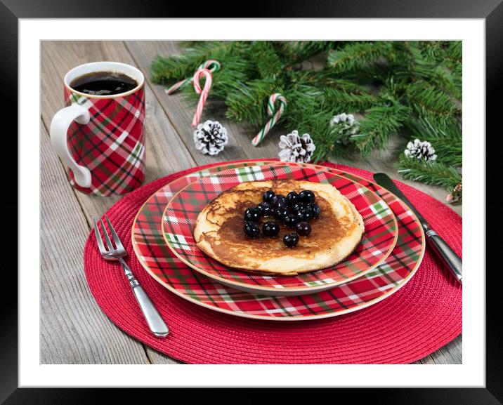 Pancake breakfast for Christmas day with evergreen Framed Mounted Print by Thomas Baker