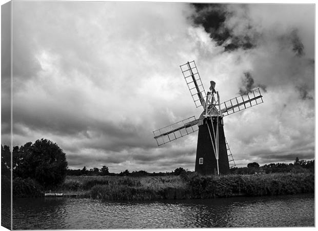 Turf Fen Windmill Black & White Canvas Print by Paul Macro