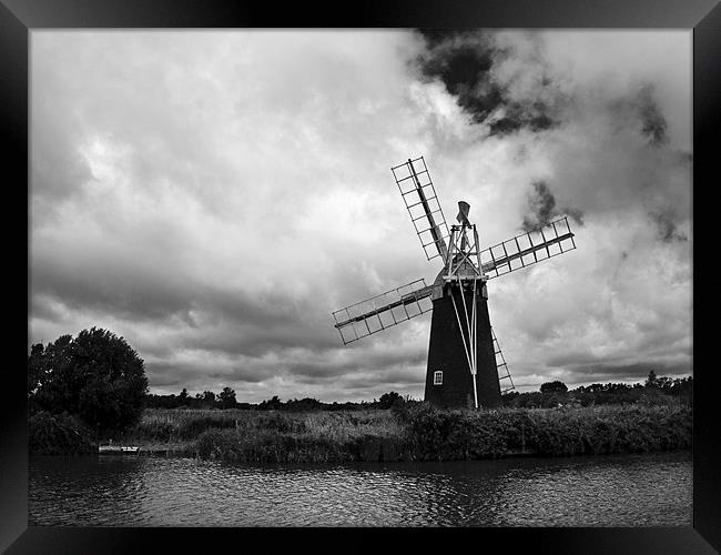 Turf Fen Windmill Black & White Framed Print by Paul Macro