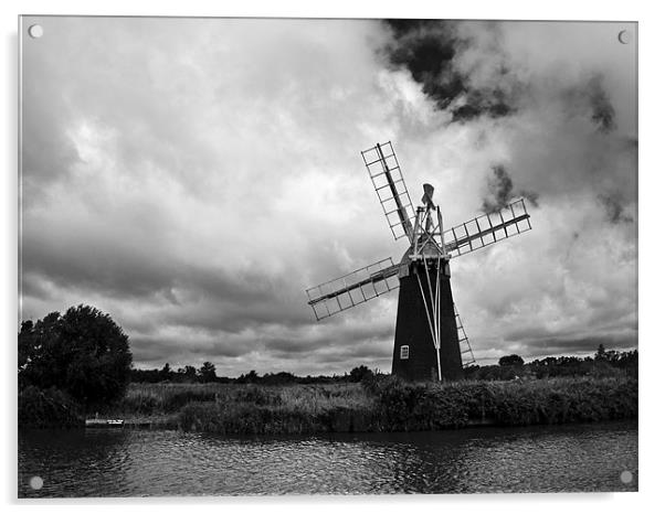 Turf Fen Windmill Black & White Acrylic by Paul Macro