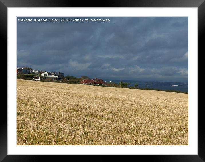 Barley Stubble in sunlight as storm clouds gather Framed Mounted Print by Michael Harper