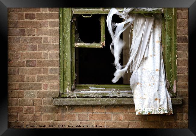 Abandonded building window and curtains Framed Print by Simon Bratt LRPS