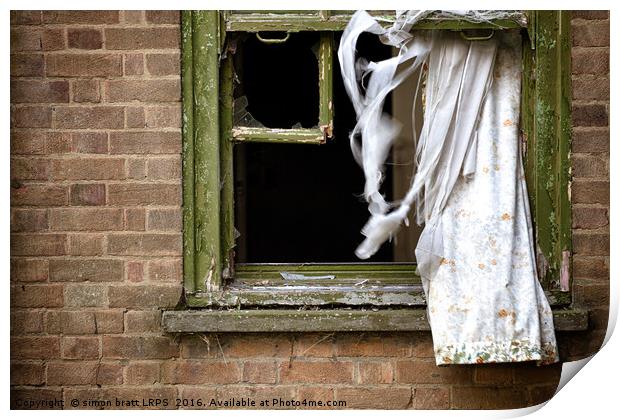 Abandonded building window and curtains Print by Simon Bratt LRPS