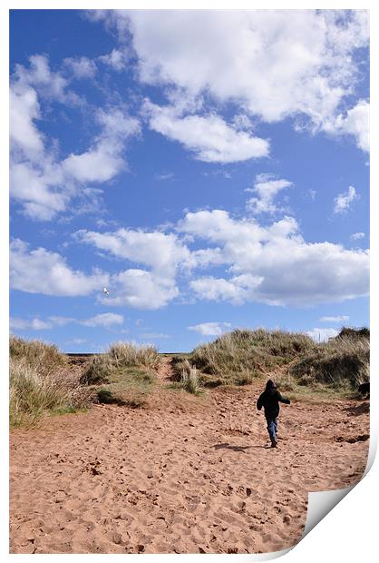 Dawlish Warren Dunes and child Print by K. Appleseed.