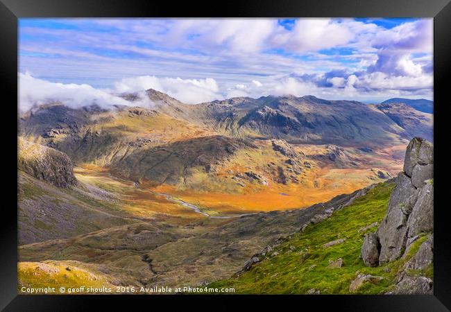 Bowfell and Upper Eskdale Framed Print by geoff shoults