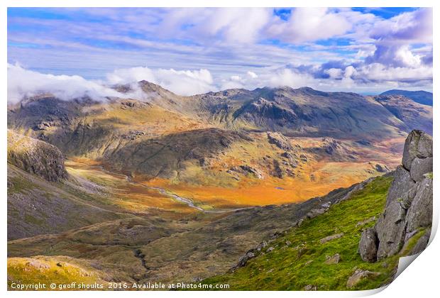 Bowfell and Upper Eskdale Print by geoff shoults