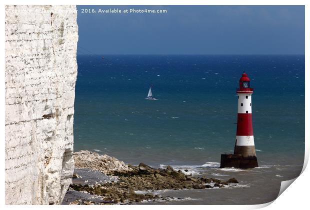 Beachy Head Lighthouse and sailing boat Print by James Brunker