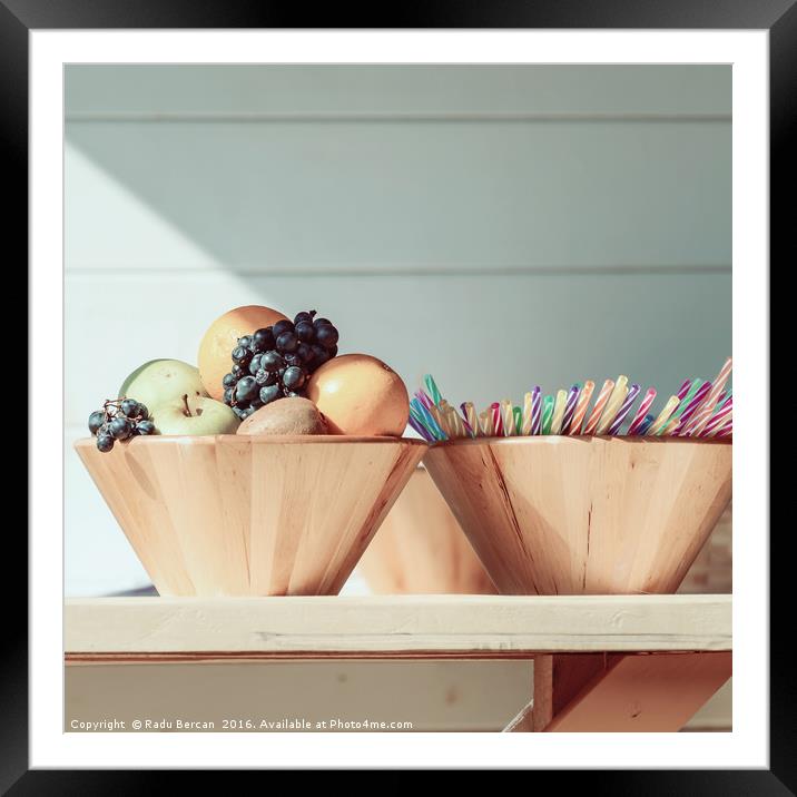 Fruit Bowl And Colorful Straws On Table Framed Mounted Print by Radu Bercan