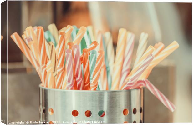 Colorful Plastic Straws In Metal Can Canvas Print by Radu Bercan