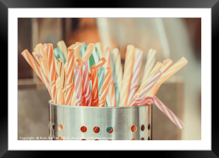 Colorful Plastic Straws In Metal Can Framed Mounted Print by Radu Bercan