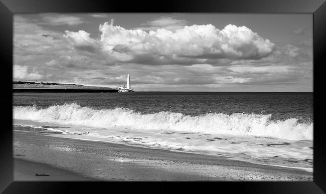 Beach view of St. Marys Lighthouse  Framed Print by Naylor's Photography