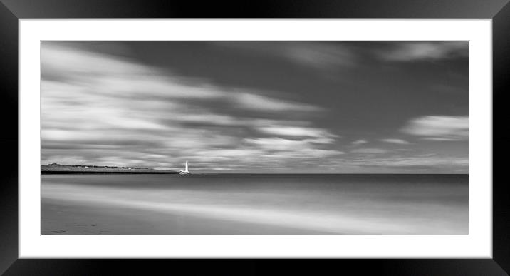 St. Marys Lighthouse from The Beach Black & White Framed Mounted Print by Naylor's Photography