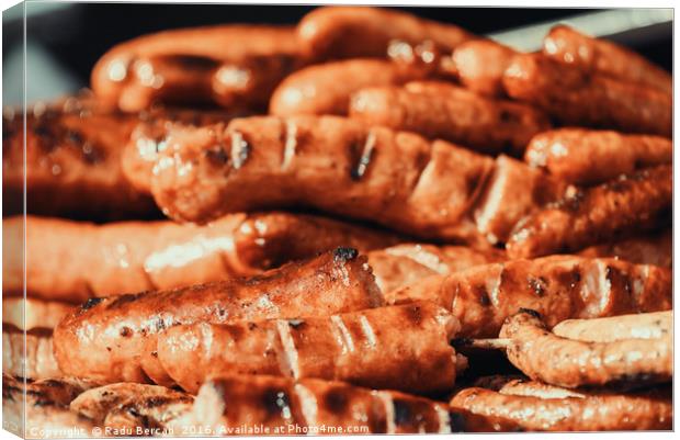 Sausages On Barbecue Grill Canvas Print by Radu Bercan