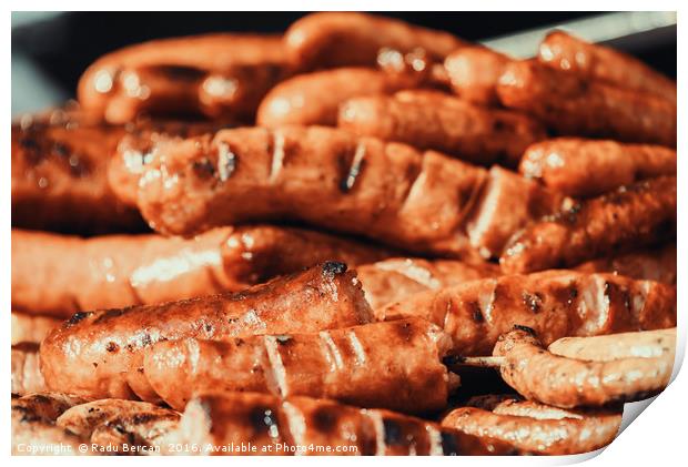 Sausages On Barbecue Grill Print by Radu Bercan