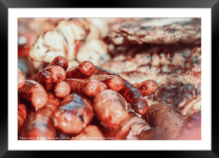 Sausages On Barbecue Grill Framed Mounted Print by Radu Bercan