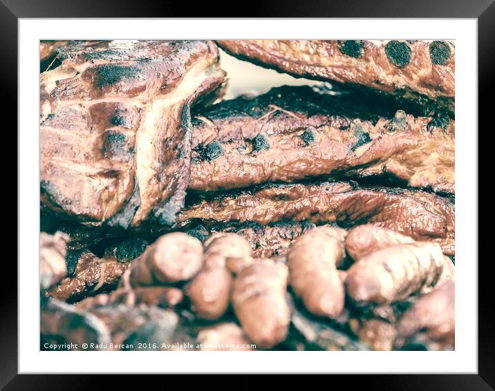 Sausages And Steaks On Barbecue Grill Framed Mounted Print by Radu Bercan