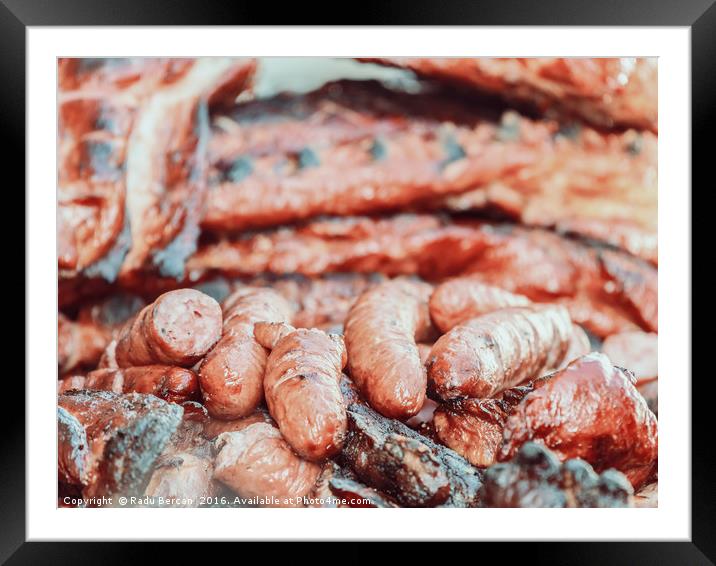 Sausages And Steaks On Barbecue Grill Framed Mounted Print by Radu Bercan