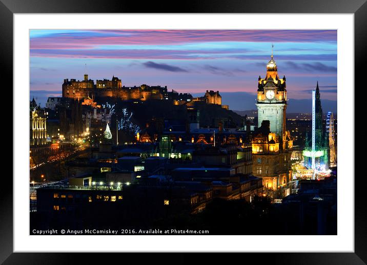 Edinburgh Castle and city skyline at dusk Framed Mounted Print by Angus McComiskey