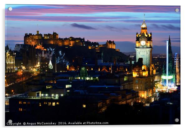 Edinburgh Castle and city skyline at dusk Acrylic by Angus McComiskey
