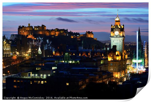 Edinburgh Castle and city skyline at dusk Print by Angus McComiskey