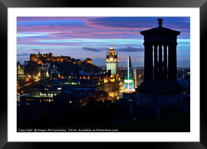 Edinburgh city skyline at dusk from Calton Hill Framed Mounted Print by Angus McComiskey