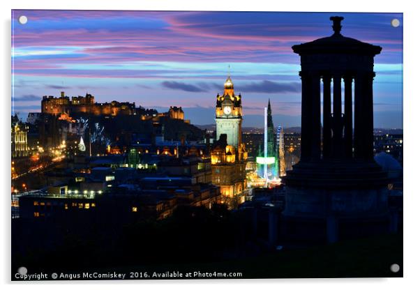 Edinburgh city skyline at dusk from Calton Hill Acrylic by Angus McComiskey