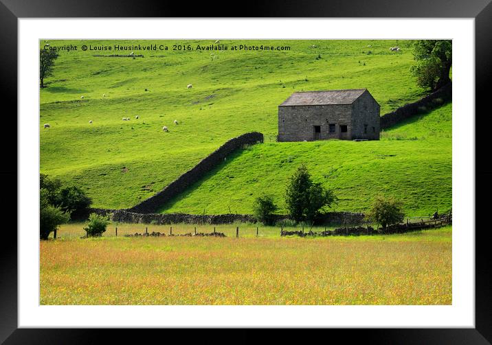 Stone barn and sheep grazing on a steep hillside,  Framed Mounted Print by Louise Heusinkveld