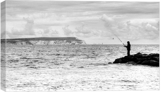 Lone Angler in black and white Canvas Print by Chris Day