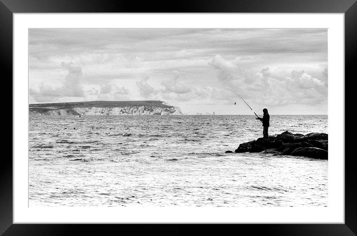Lone Angler in black and white Framed Mounted Print by Chris Day