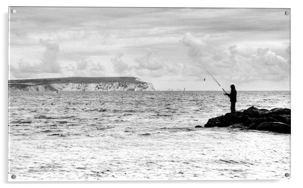 Lone Angler in black and white Acrylic by Chris Day