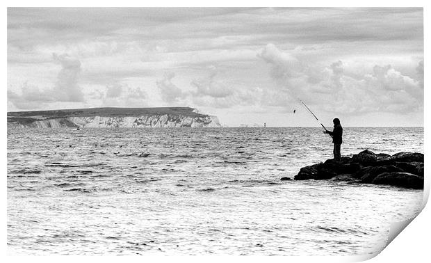 Lone Angler in black and white Print by Chris Day