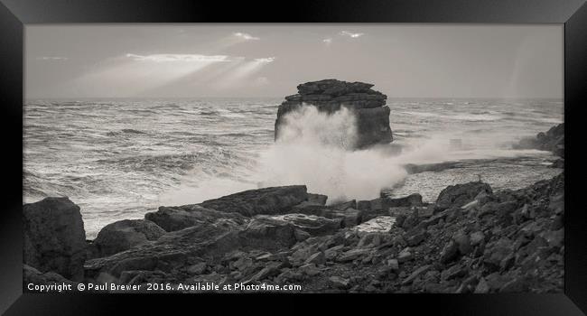 Pulpit rock in the middle of a spring storm Framed Print by Paul Brewer