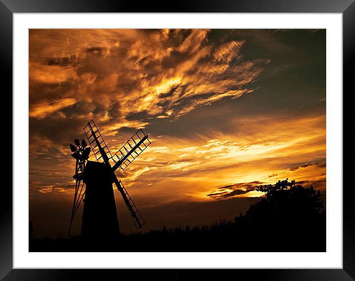 Stunning sunset over Norfolk Broads Windmill Framed Mounted Print by Paul Macro