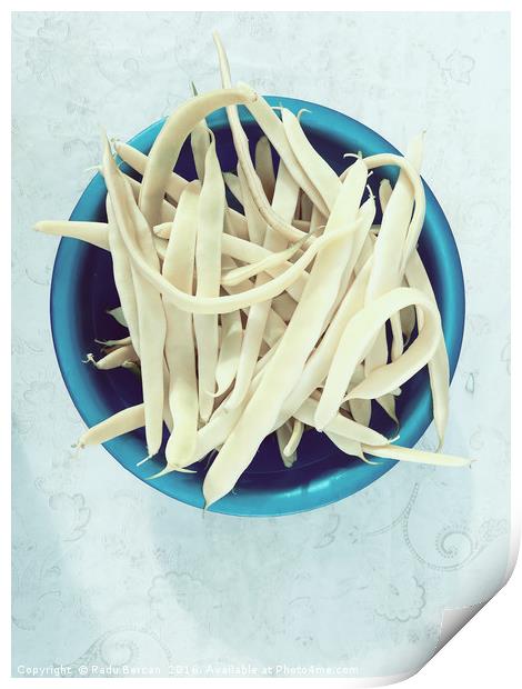 String Beans In Blue Bowl On Table Print by Radu Bercan