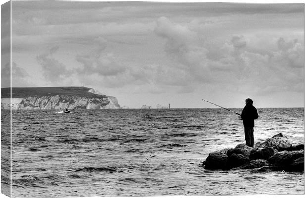 Lone Angler 2 in black and white Canvas Print by Chris Day
