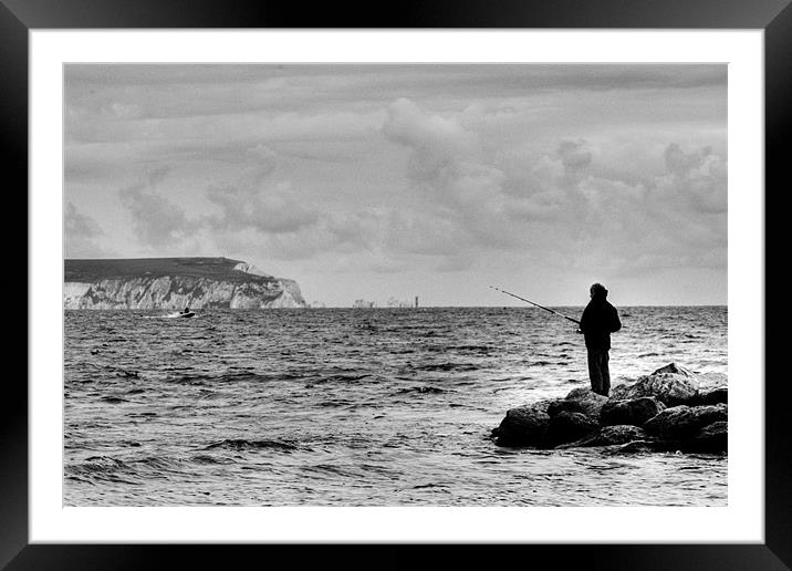 Lone Angler 2 in black and white Framed Mounted Print by Chris Day