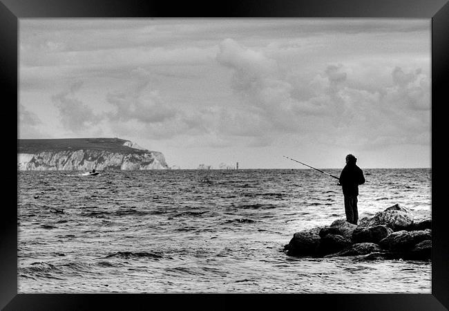 Lone Angler 2 in black and white Framed Print by Chris Day